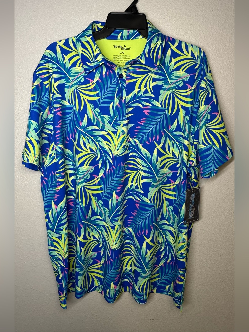 Birdies Blue Polo with Lime & Teal Leaf Print